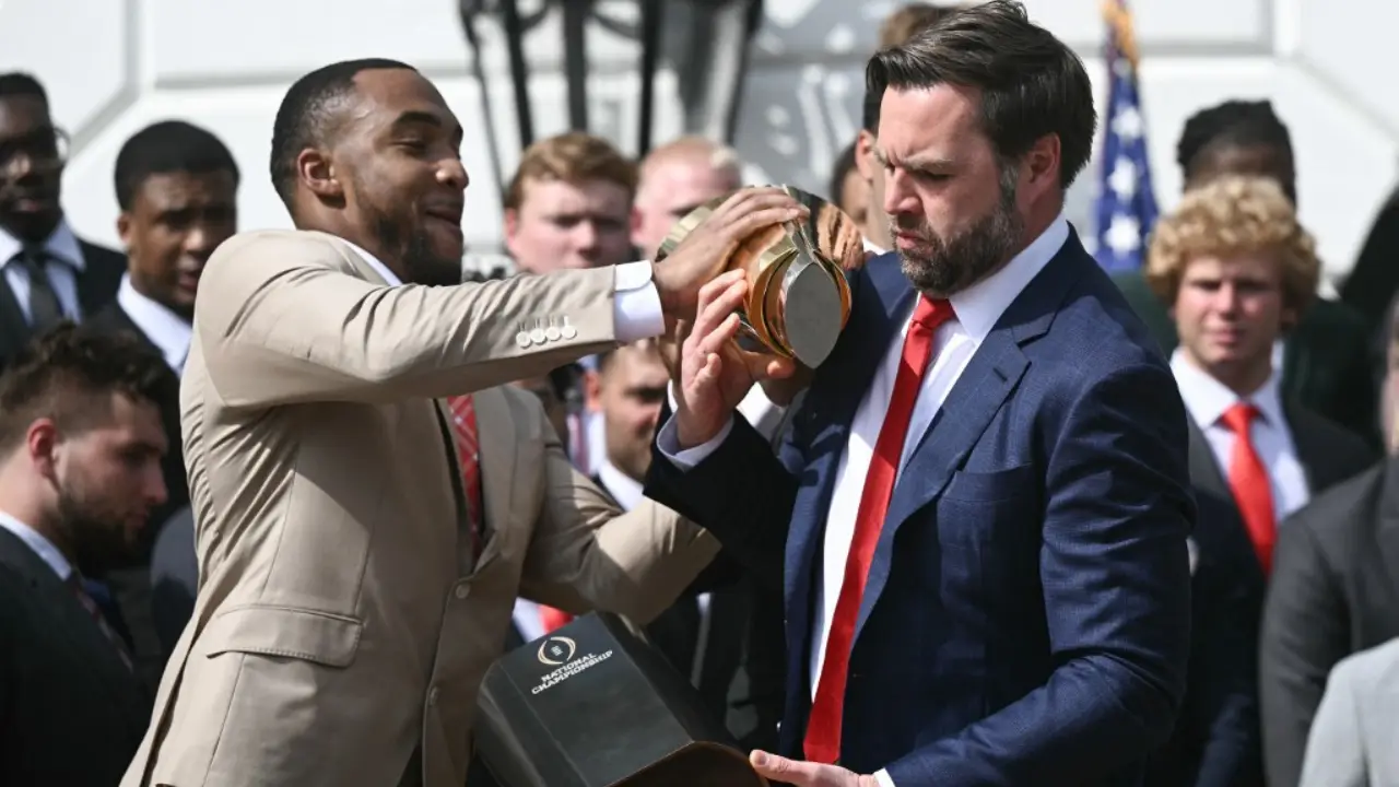 WATCH - US vice president JD Vance fumbles OSU's national championship trophy then says 'I decided to break it' WATCH - US vice president JD Vance fumbles OSU's national championship trophy then says 'I decided to break it'