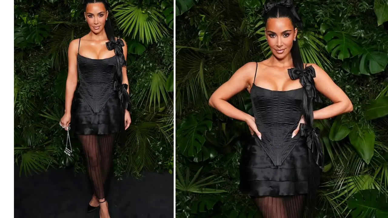 Kim Kardashian turns up as black Barbie with bows for Chanel's pre-Oscars dinner in Los Angeles Kim Kardashian turns up as black Barbie with bows for Chanel's pre-Oscars dinner in Los Angeles