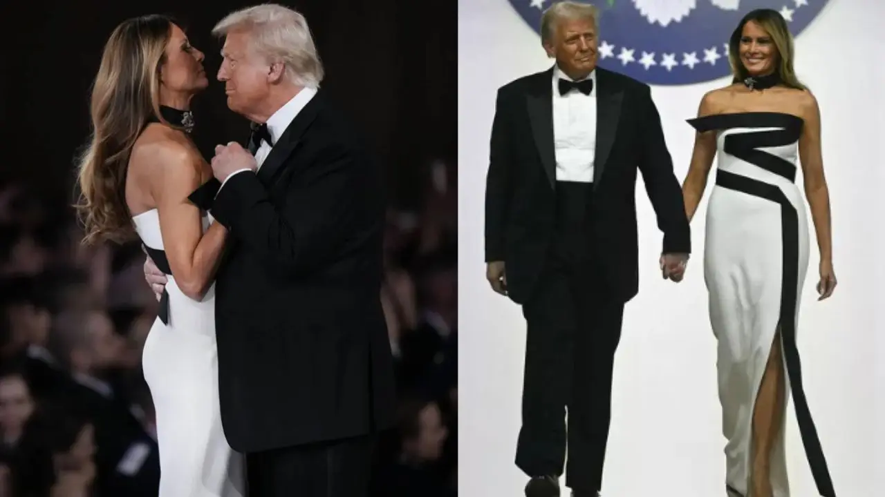 Melania Trump looks like a vision in black and white satin gown at the Inaugural Ball Melania Trump looks like a vision in black and white satin gown at the Inaugural Ball