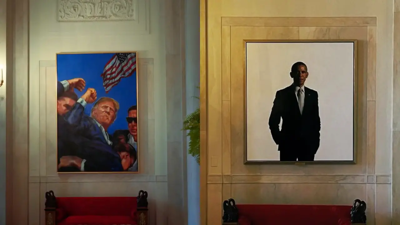Trump in, Obama out: Donald Trump's 'fight! fight! fight!' portrait replaces Barack Obama's in White House Trump in, Obama out: Donald Trump's 'fight! fight! fight!' portrait replaces Barack Obama's in White House