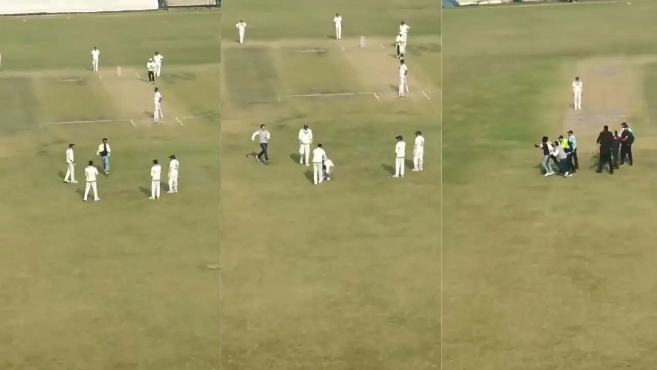 Delhi vs Railways Ranji Trophy: WATCH | Fan breaches security and runs on ground to meet Virat Kohli Delhi vs Railways Ranji Trophy: WATCH | Fan breaches security and runs on ground to meet Virat Kohli