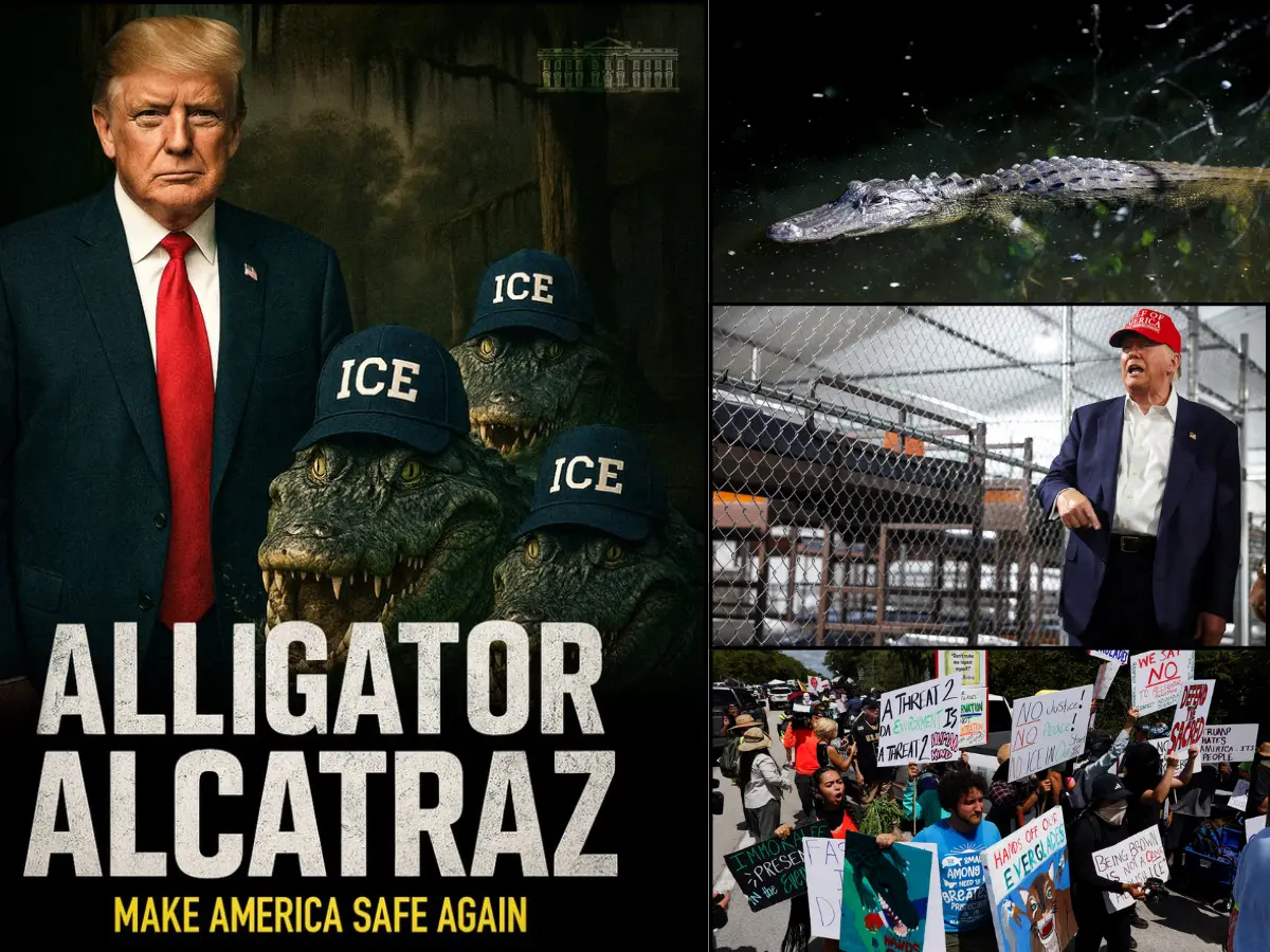 Trump tours 'Alligator Alcatraz' detention centre: Bunk beds, fenced-in cells, real alligators and protests - INSIDE pics here