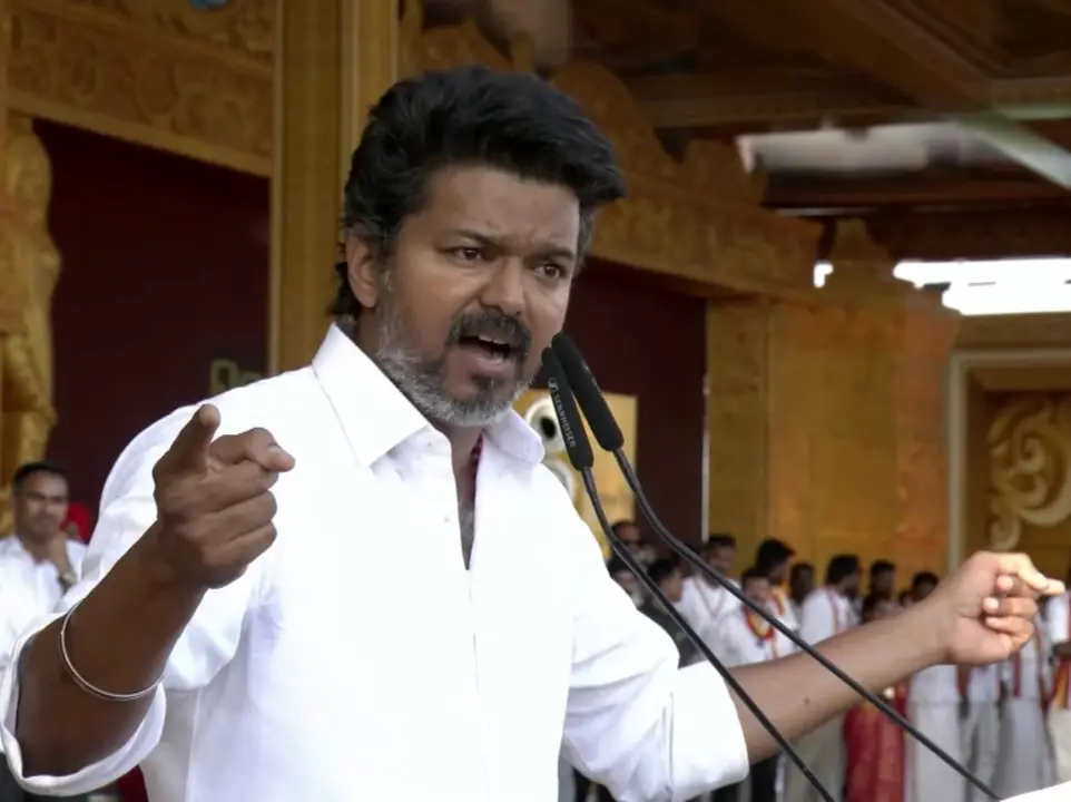 In cinema style, Politician Vijay tears into DMK and BJP, amid massive crowds In cinema style, Politician Vijay tears into DMK and BJP, amid massive crowds