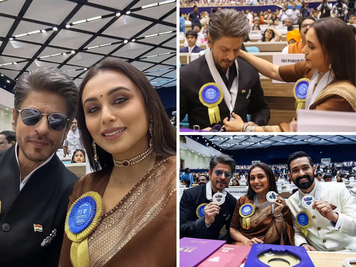 Rani Mukerji helps pal Shah Rukh Khan wear his medal at 71st National Film Awards, he fixes her hair; watch BTS videos here