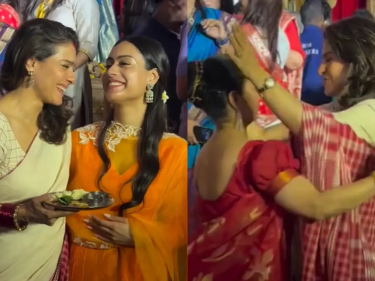 Kajol takes part in Sindoor Khela ceremony with daughter Nysa, watch viral videos Kajol takes part in Sindoor Khela ceremony with daughter Nysa, watch viral videos