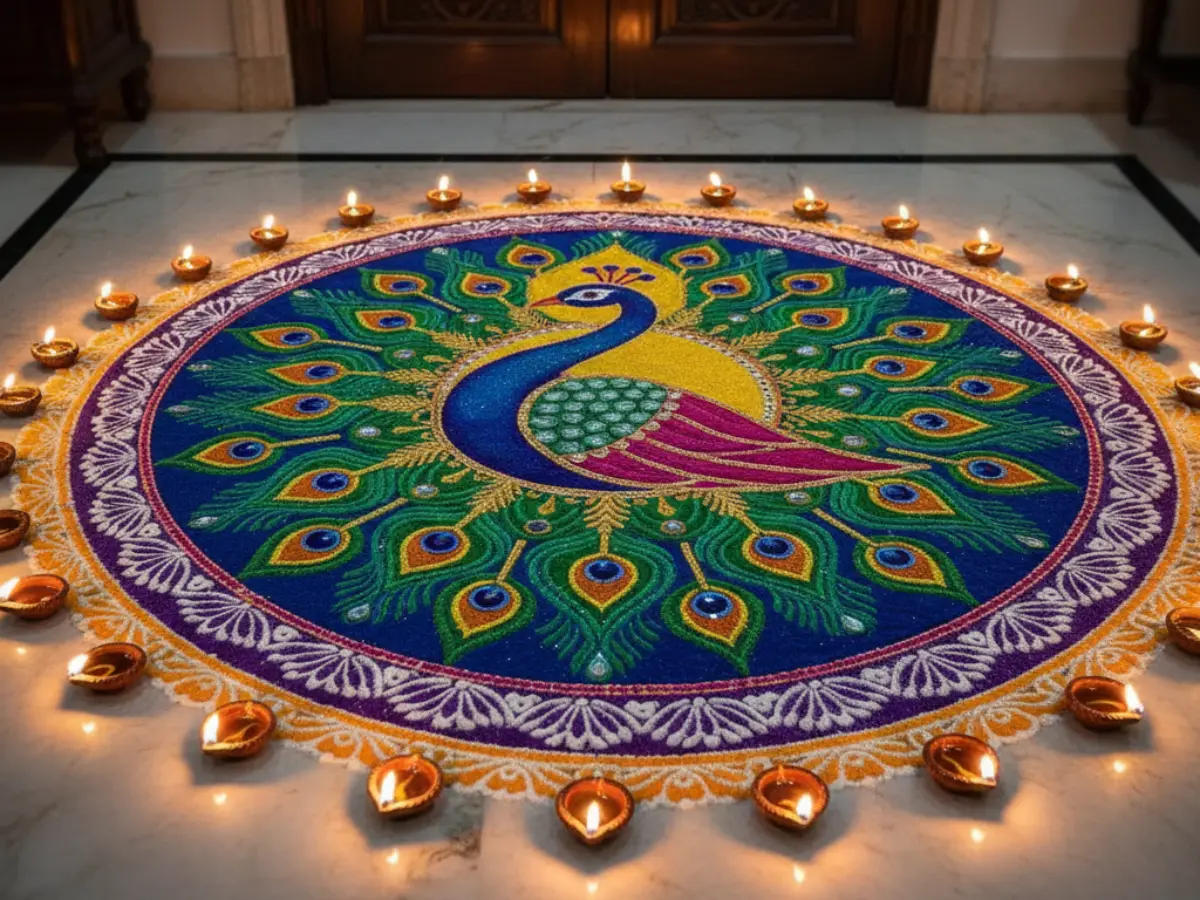 Peacock-Themed Rangoli