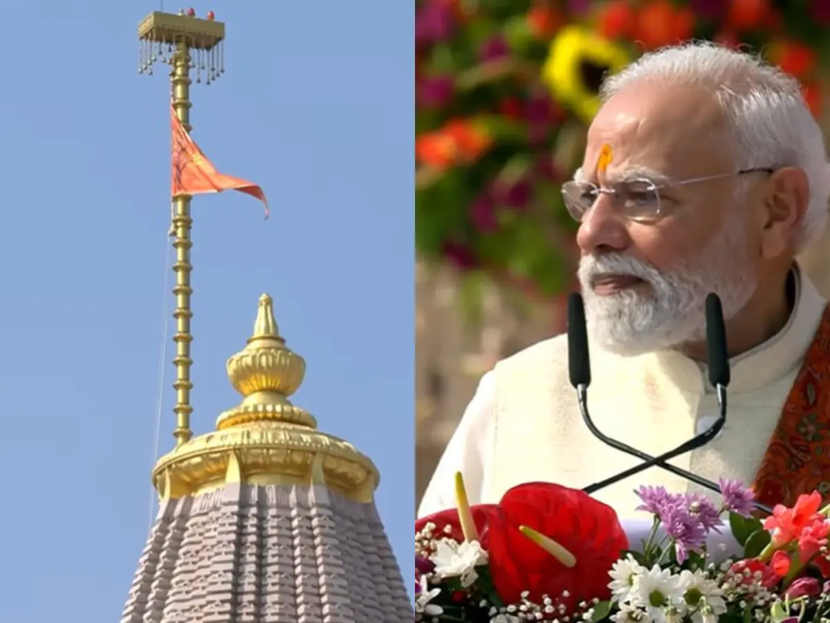 PM Modi hoists Dharma Dhwaj at Ram Janmabhoomi Temple in Ayodhya PM Modi hoists Dharma Dhwaj at Ram Janmabhoomi Temple in Ayodhya