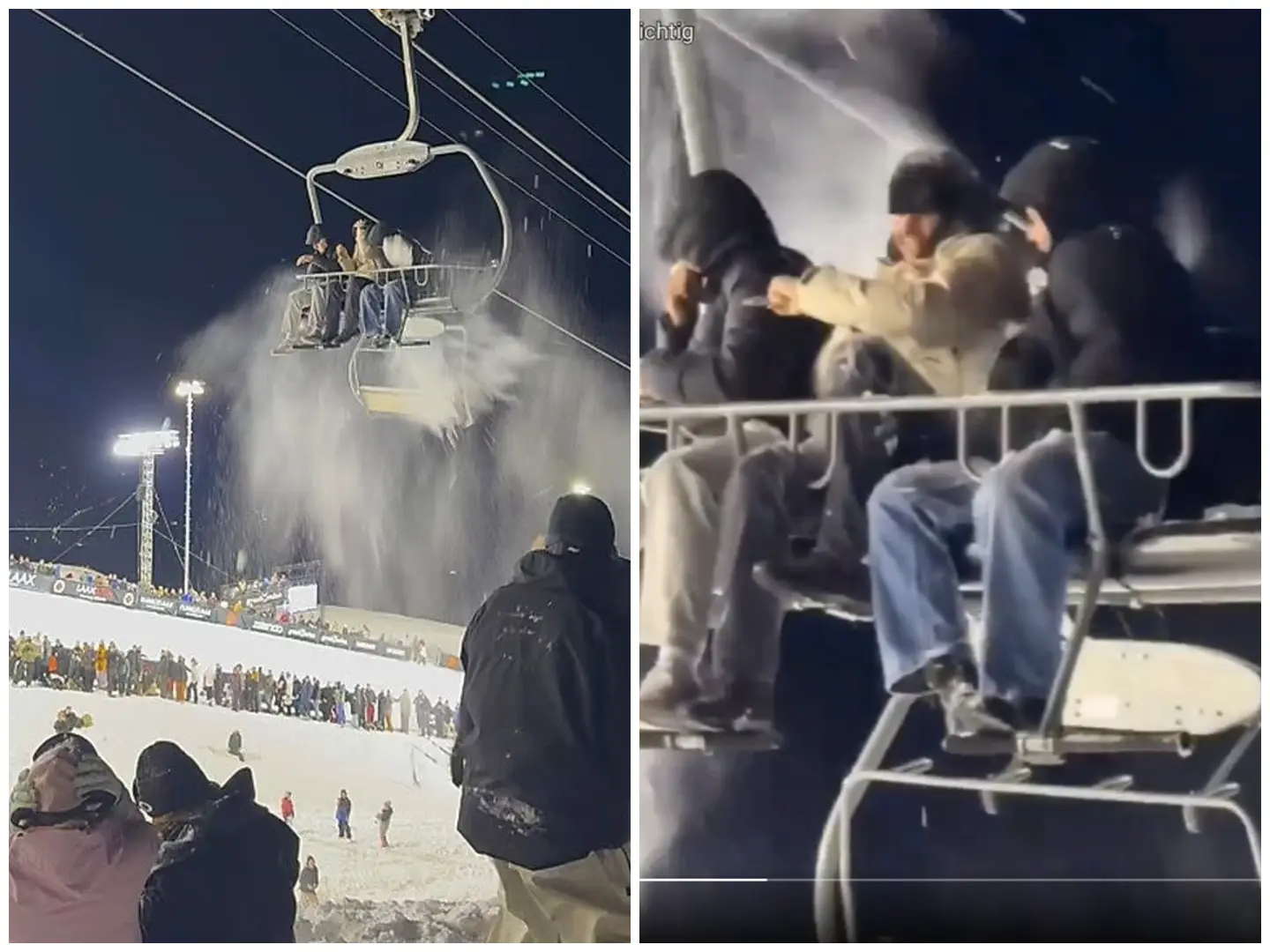 With friends like these, who needs enemies? Three men stuck on a chairlift pummeled in snowball attack at Swiss snowboarding event | Watch