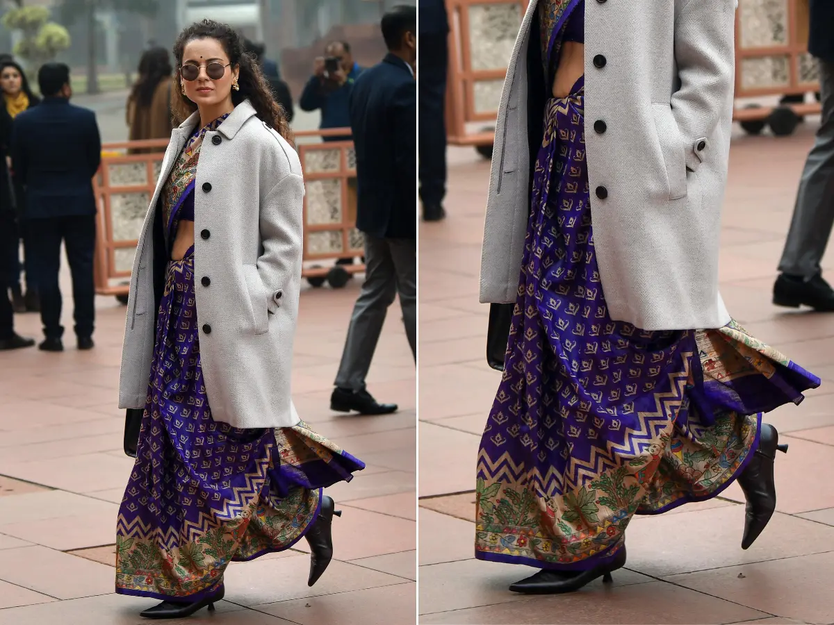 Handloom saree with an overcoat and boots