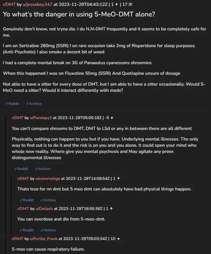 'What's danger in using 5-MeO-DMT alone?'