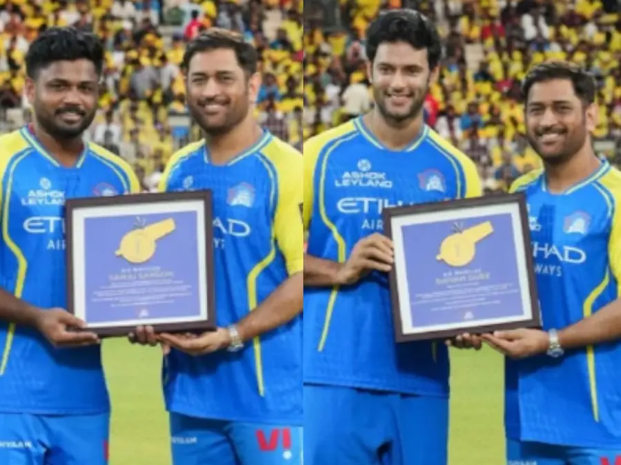 Former Indian captain MS Dhoni honours T20 World Cup winners Sanju Samson, Shivam Dube at CSK event