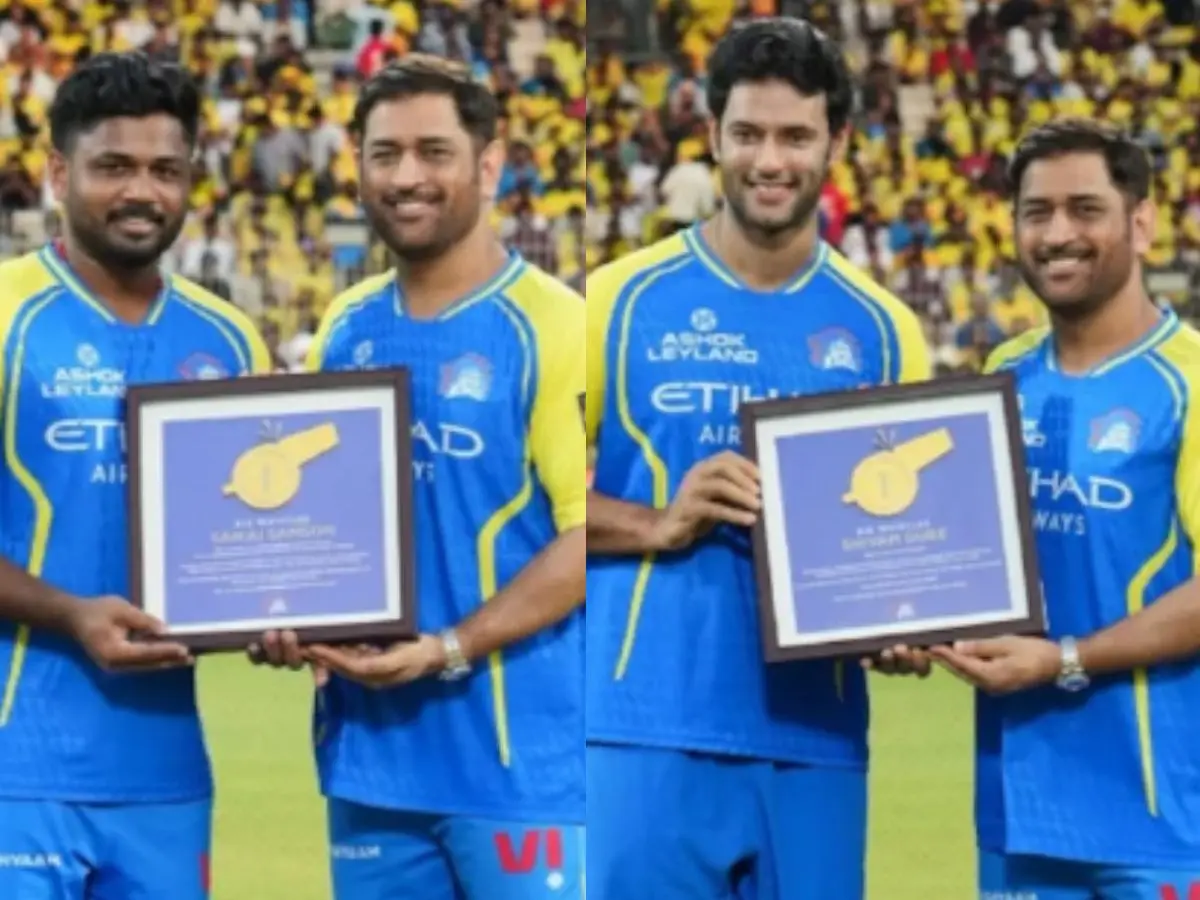 Former Indian captain MS Dhoni honours T20 World Cup winners Sanju Samson, Shivam Dube at CSK event Former Indian captain MS Dhoni honours T20 World Cup winners Sanju Samson, Shivam Dube at CSK event