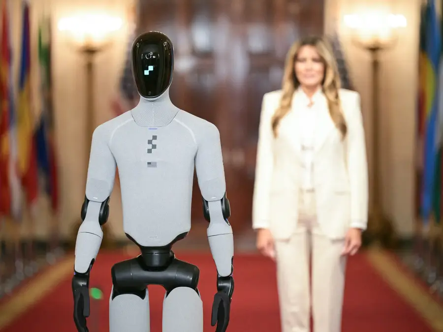 Melania Trump walks along humanoid robot Figure 03 in White House