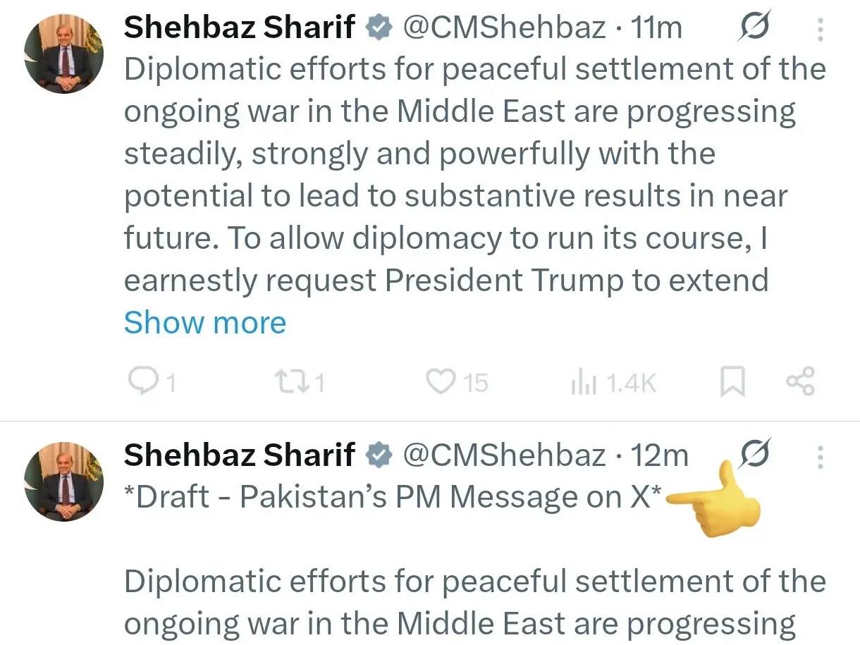 Ctrl+C, Ctrl+Crisis: ‘Draft’ diplomacy? Shehbaz Sharif’s edited X post sparks row amid Iran war Ctrl+C, Ctrl+Crisis: ‘Draft’ diplomacy? Shehbaz Sharif’s edited X post sparks row amid Iran war