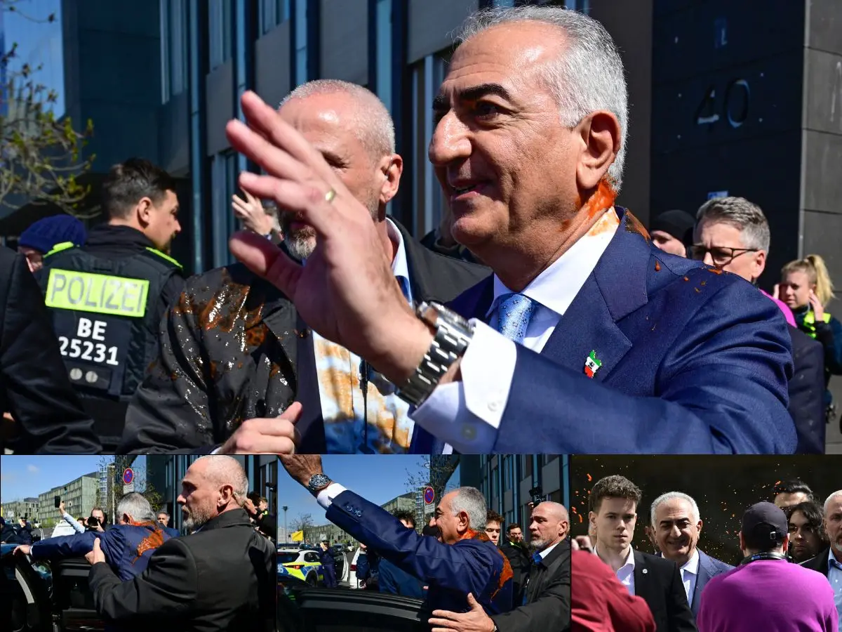Iran’s exiled Crown Prince Reza Pahlavi splashed with red liquid after Berlin press conference Iran’s exiled Crown Prince Reza Pahlavi splashed with red liquid after Berlin press conference