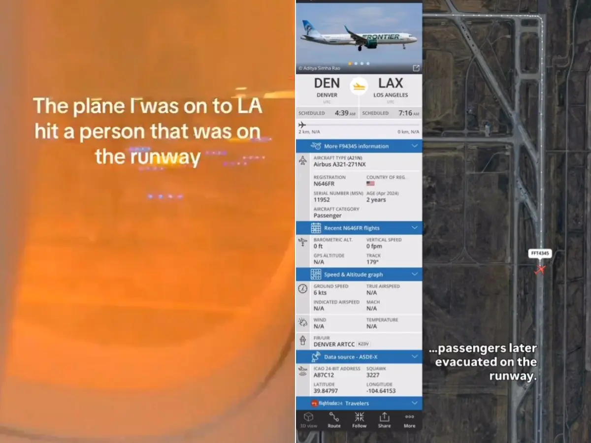 Moment Frontier flight catches fire after hitting person on runway at Denver Airport | VIDEO