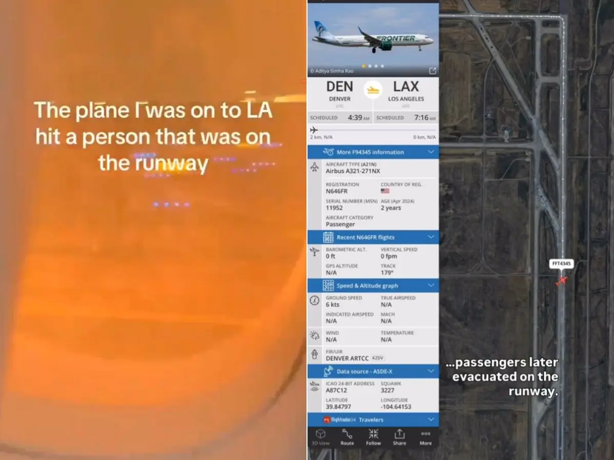 Moment Frontier flight catches fire after hitting person on runway at Denver Airport | VIDEO Moment Frontier flight catches fire after hitting person on runway at Denver Airport | VIDEO