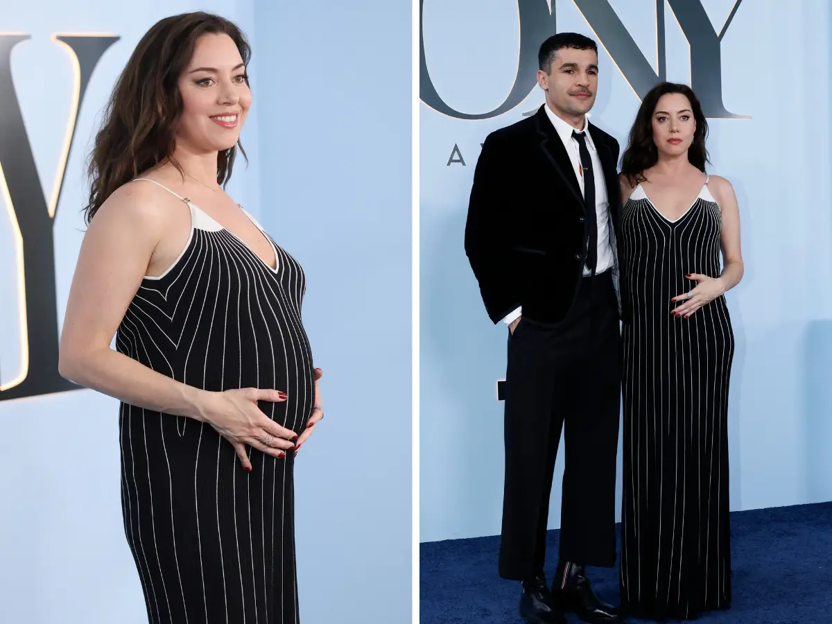 Aubrey Plaza flaunts baby bump as she make her red carpet debut with partner Christopher Abbott at 2026 Tony Awards