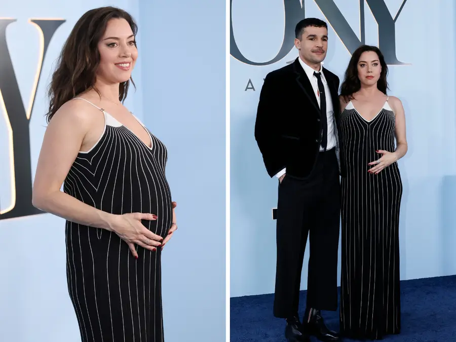 Aubrey Plaza flaunts baby bump as she make her red carpet debut with partner Christopher Abbott at 2026 Tony Awards