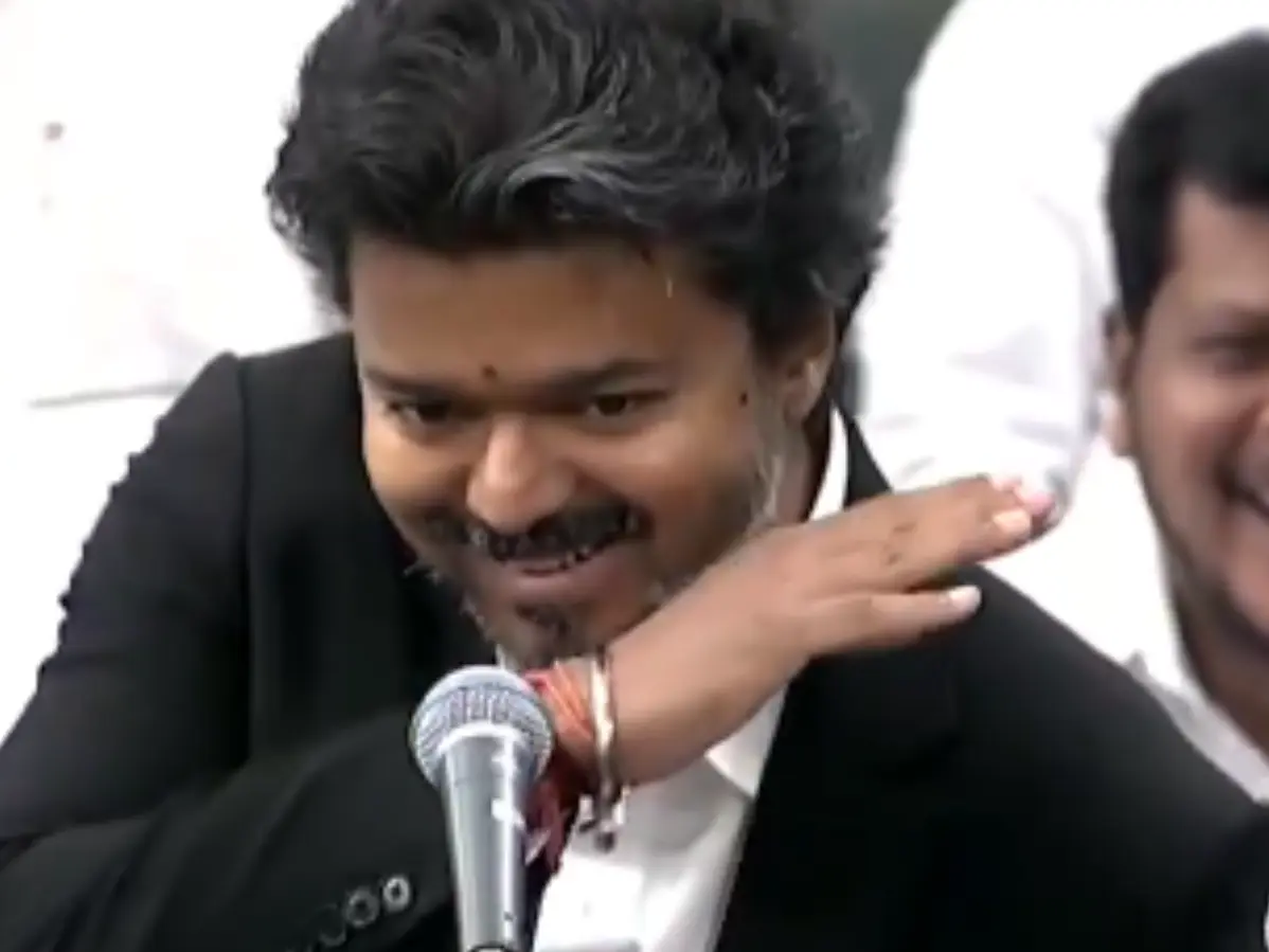 Vijay ends assembly speech in his signature heroic style; Fans say It's straight out of a mass film Vijay ends assembly speech in his signature heroic style; Fans say It's straight out of a mass film