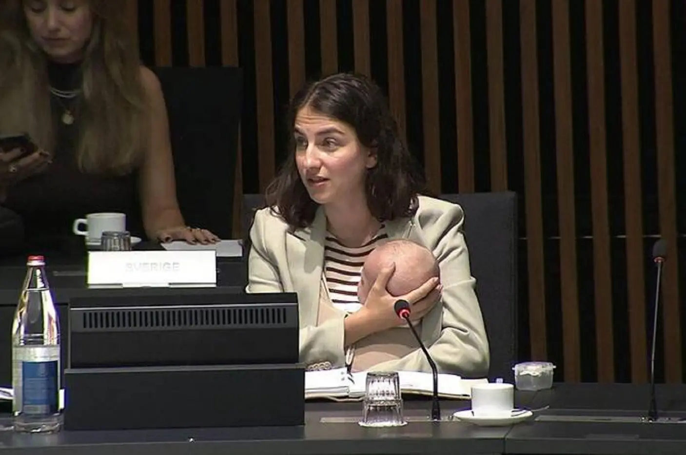Youngest delegate? Sweden’s minister Romina Pourmokhtari brings baby to EU meeting on climate