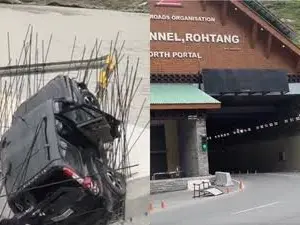 Dramatic video of SUV crash near Atal Tunnel surfaces: Vehicle lands on steel rods, 1 killed Dramatic video of SUV crash near Atal Tunnel surfaces: Vehicle lands on steel rods, 1 killed