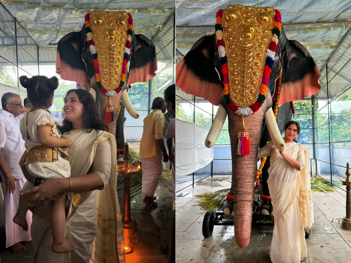 Richa Chadha celebrates Onam with daughter Zuneyra, donates mechanical elephant to Kerala temple Richa Chadha celebrates Onam with daughter Zuneyra, donates mechanical elephant to Kerala temple