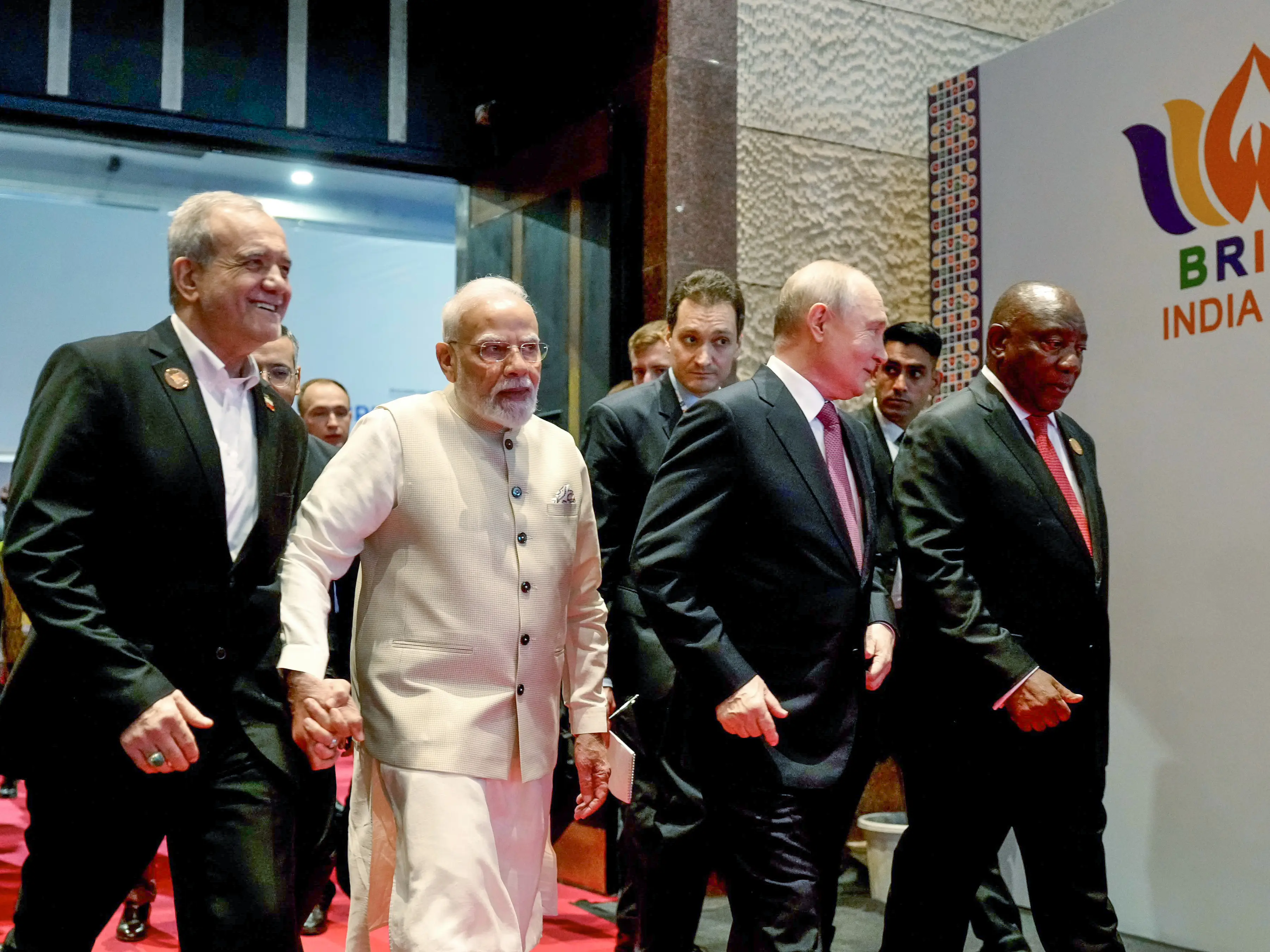 BRICS unity on display: PM Modi holds Pezeshkian’s hand; Putin, Ramaphosa walk alongside BRICS unity on display: PM Modi holds Pezeshkian’s hand; Putin, Ramaphosa walk alongside