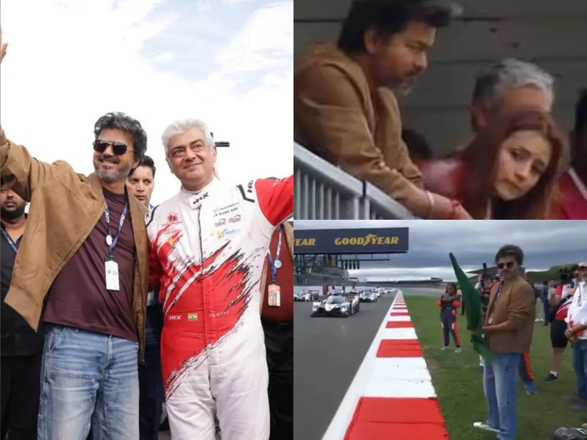 CM Vijay runs to hug Ajith Kumar at Silverstone before flagging off Le Mans race; Trisha also spotted | Watch CM Vijay runs to hug Ajith Kumar at Silverstone before flagging off Le Mans race; Trisha also spotted | Watch