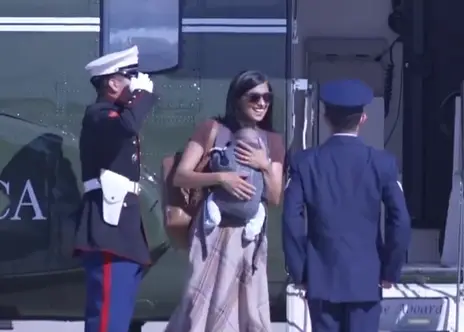 Usha Vance nearly falls aircraft stairs holding newborn while exiting helicopter: VIDEO