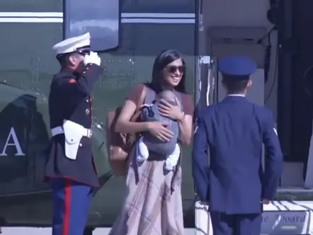 Usha Vance nearly falls aircraft stairs holding newborn while exiting helicopter: VIDEO Usha Vance nearly falls aircraft stairs holding newborn while exiting helicopter: VIDEO