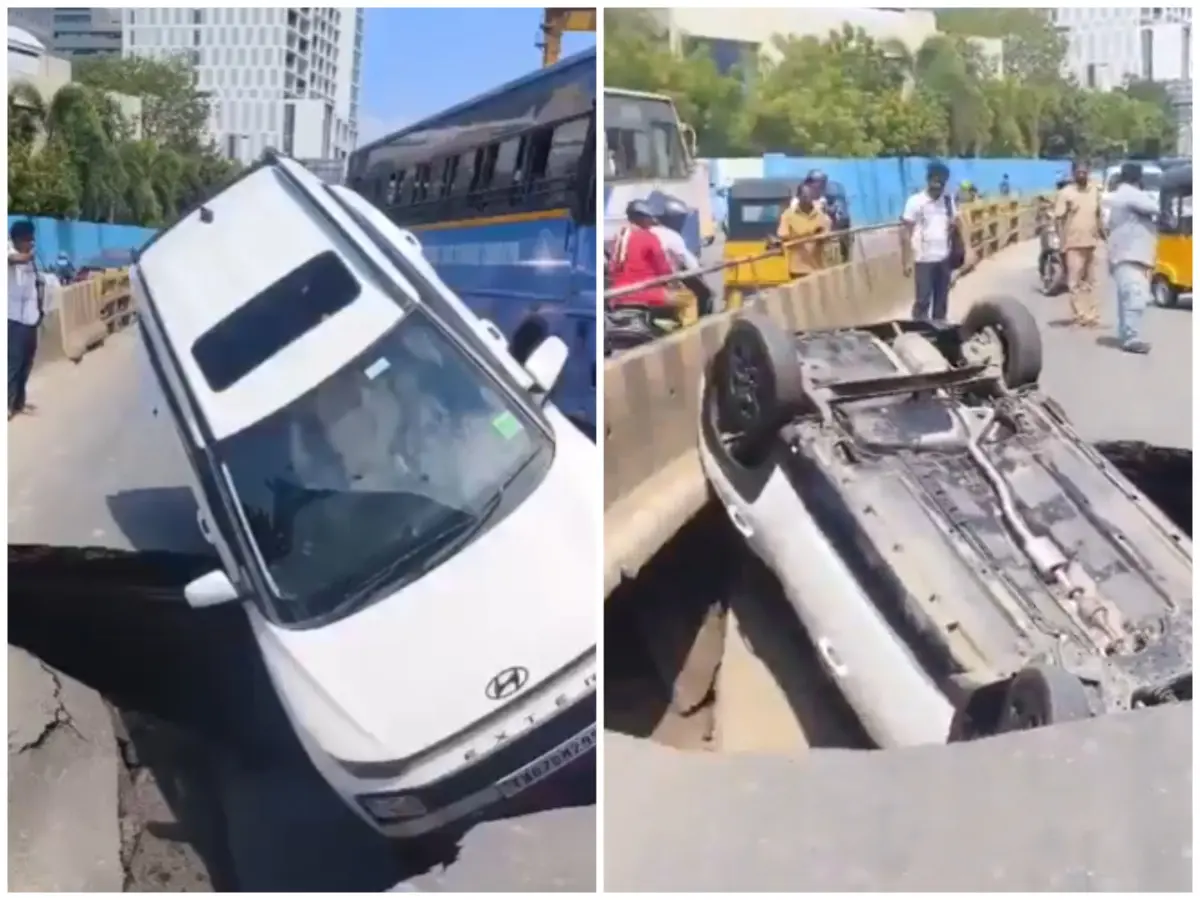 VIDEO: Car plunges into sinkhole on Chennai's OMR after road caves in near Tidel Park VIDEO: Car plunges into sinkhole on Chennai's OMR after road caves in near Tidel Park