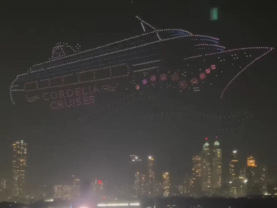 1,500 drones illuminate Mumbai sky as Cordelia Cruises unveils second ship, Cordelia Sky 1,500 drones illuminate Mumbai sky as Cordelia Cruises unveils second ship, Cordelia Sky