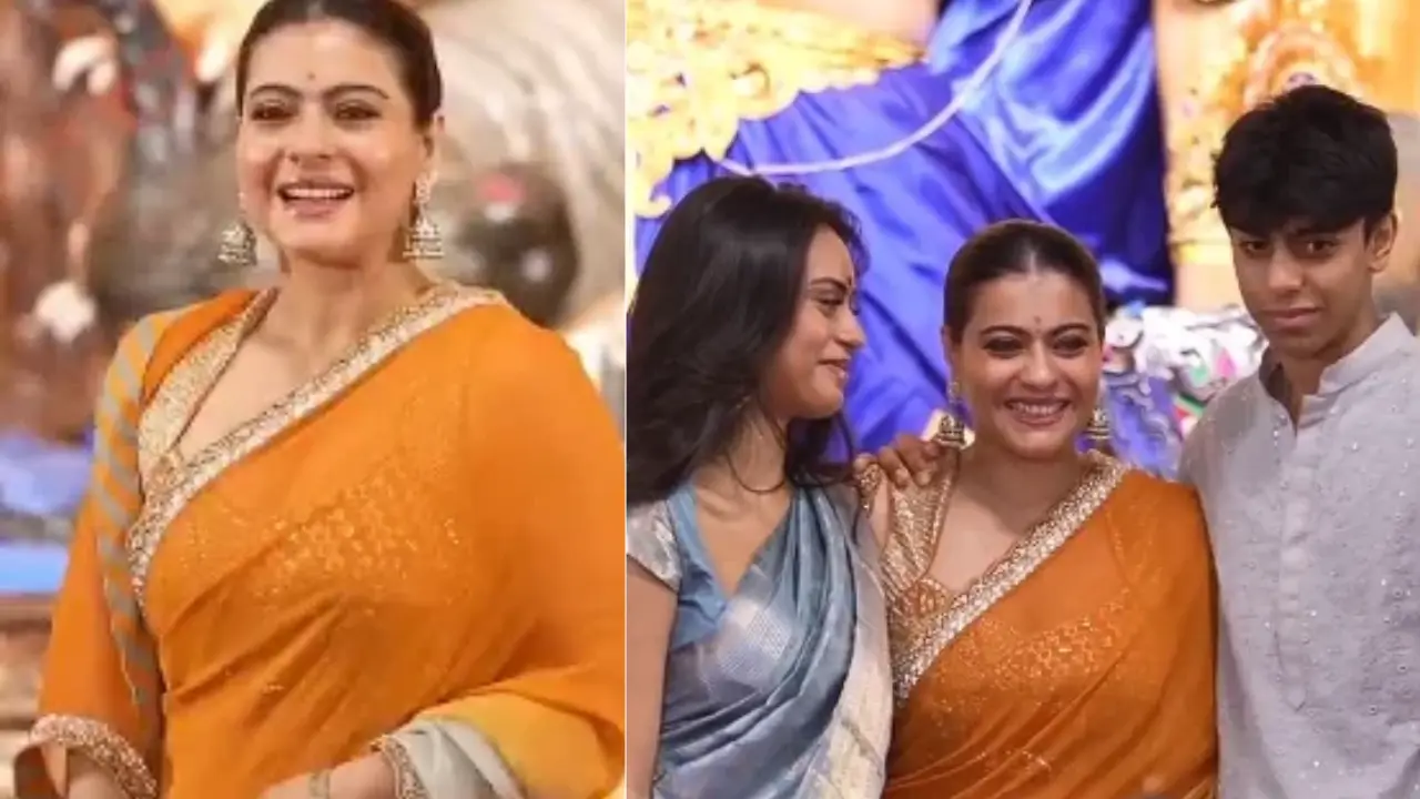 Kajol stuns in a orange-grey saree at Durga puja, poses with kids, Nysa and Yug - Watch