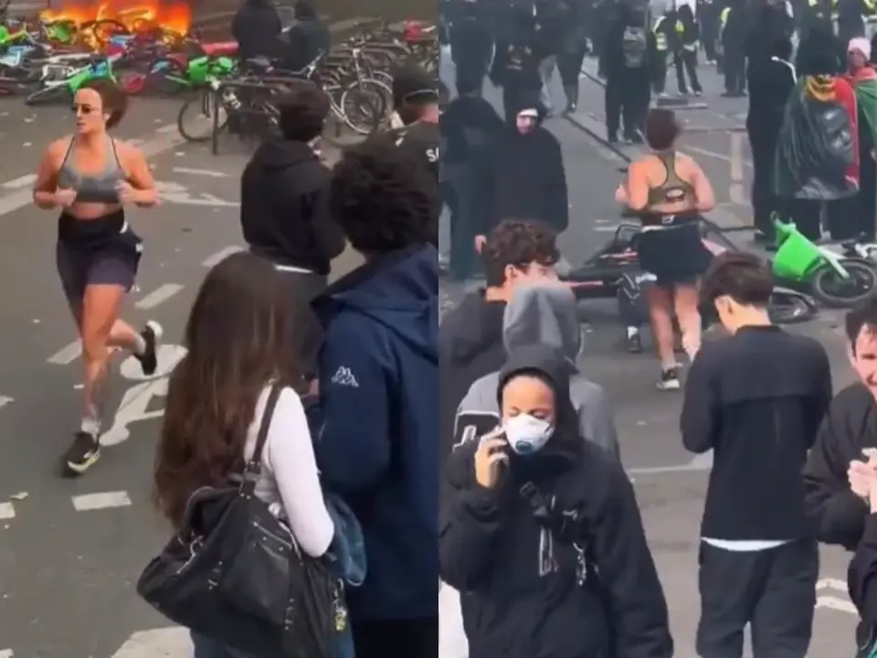 WATCH | Viral video shows woman jogging past burning barricade amid Paris unrest, sparks online debate WATCH | Viral video shows woman jogging past burning barricade amid Paris unrest, sparks online debate