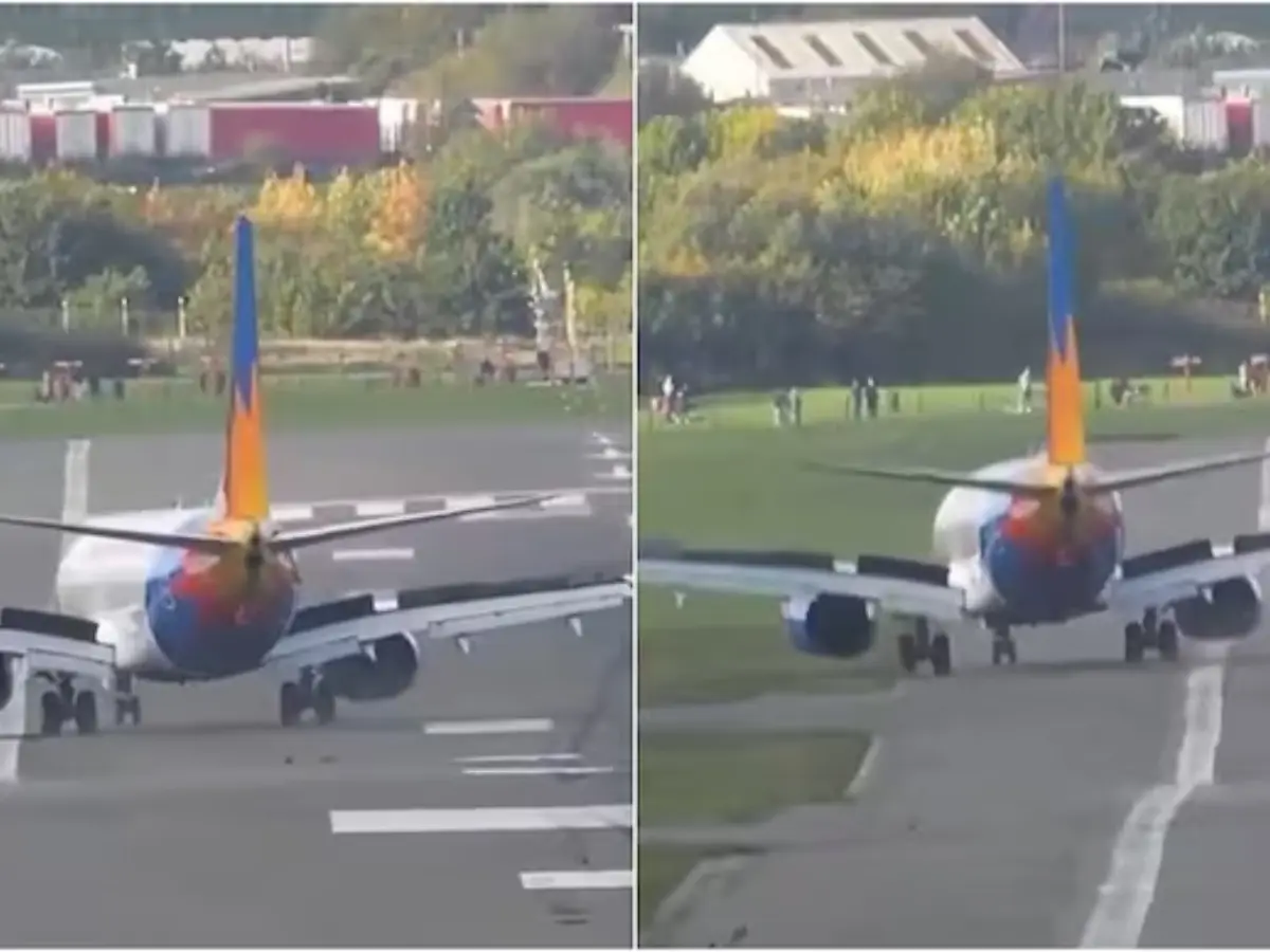 Storm Boelo’s fierce winds push passenger plane onto grass in UK, terrifying landing caught on cam Storm Boelo’s fierce winds push passenger plane onto grass in UK, terrifying landing caught on cam