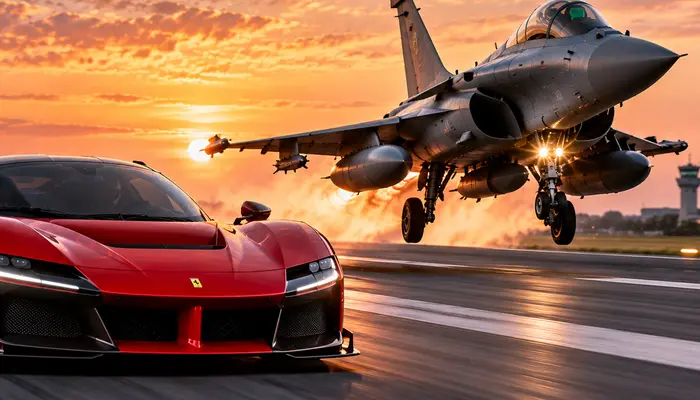 Can a Ferrari F80 reach 300 km/h before a fighter jet takes off?