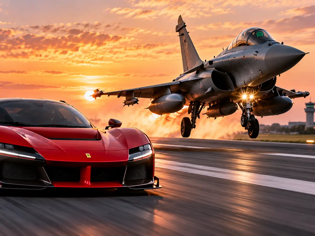 Can a Ferrari F80 reach 300 km/h before a fighter jet takes off?